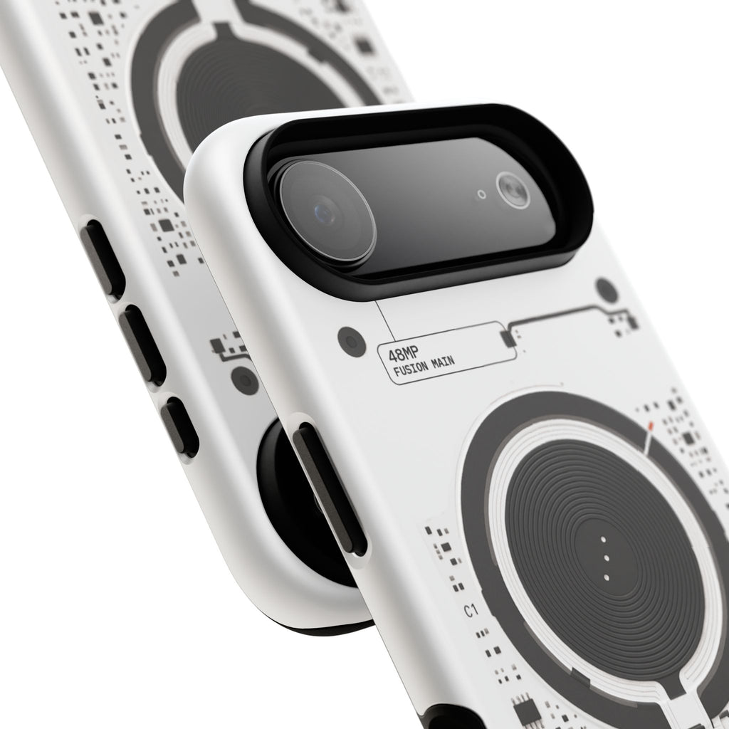 Phone case with electronic circuit design on a white background