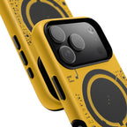 Yellow phone case with black geometric design on a white background