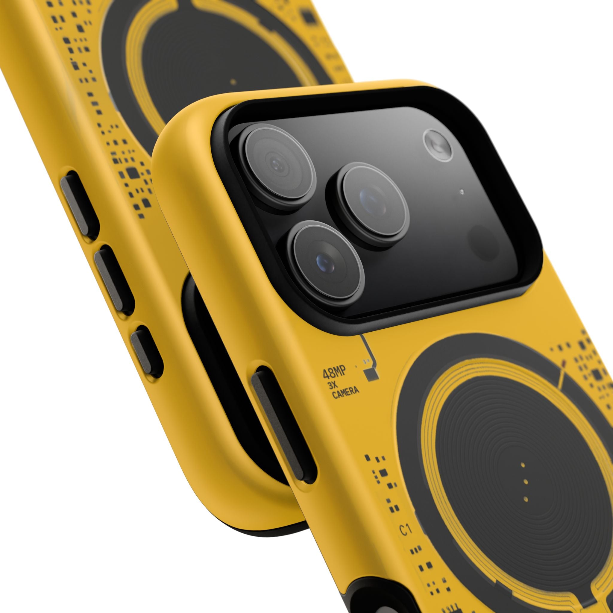 Yellow phone case with black geometric design on a white background