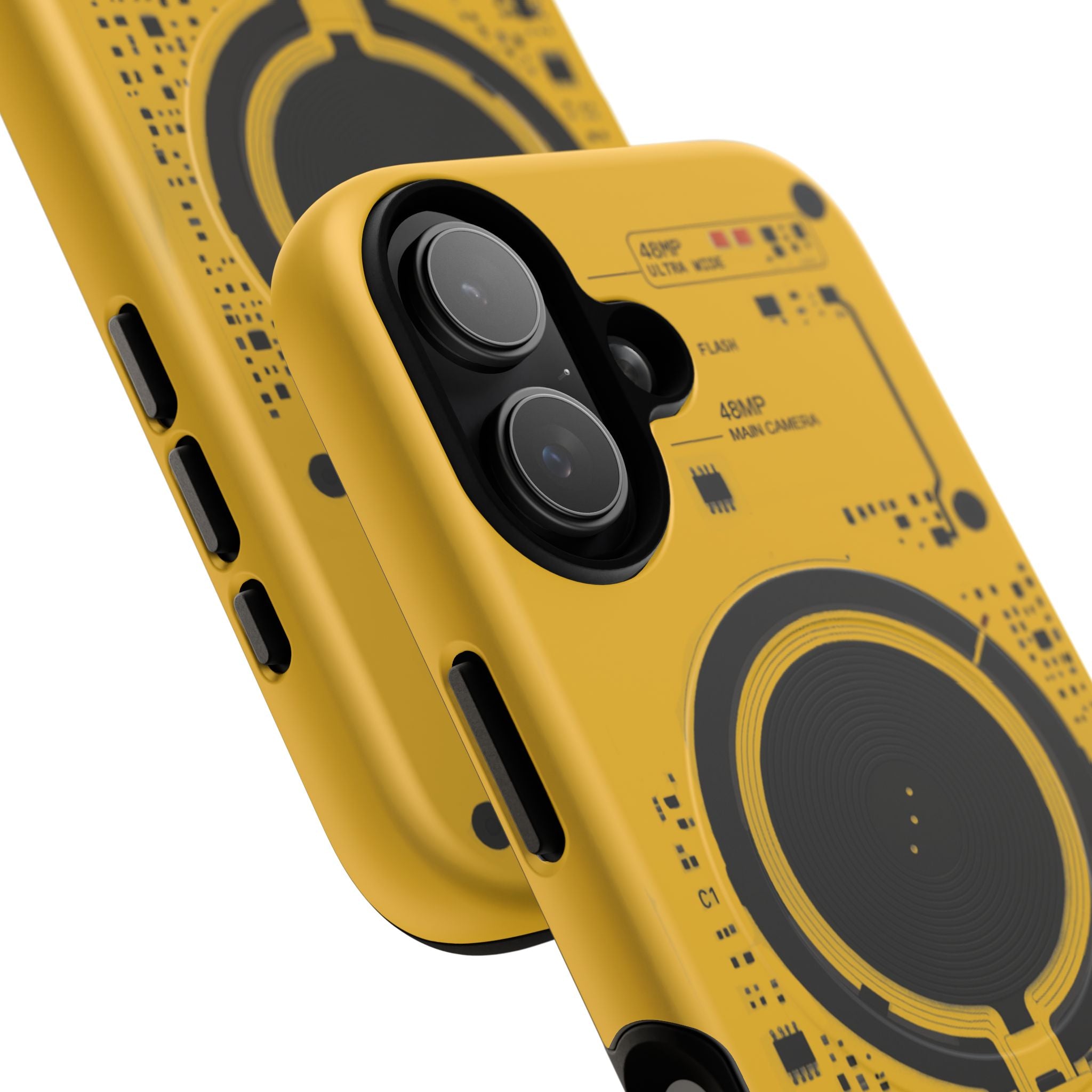 Yellow iPhone case with printed circuit board design, tech-inspired look similar to the Nothing Phone. Smooth matte finish with dual camera cutout.