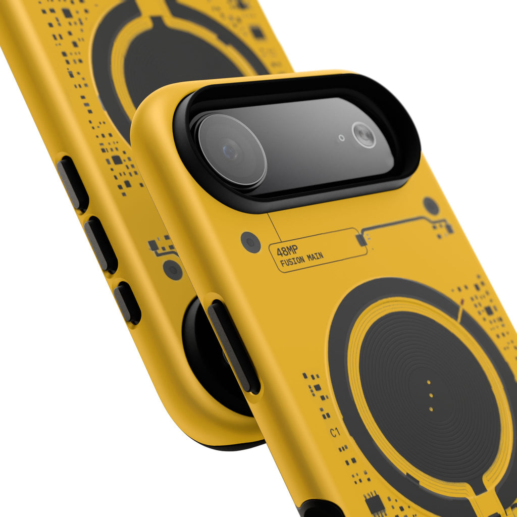 Yellow phone case with black circuit-like design on a white background